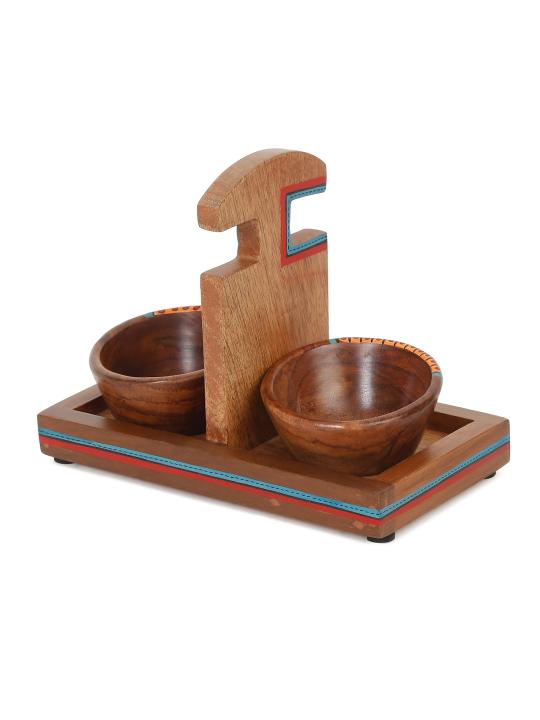 Shilpkara 'Wooden Heirloom' Serving Bowls with Tray in Sheesham Wood (Set of 2, Dark Brown)