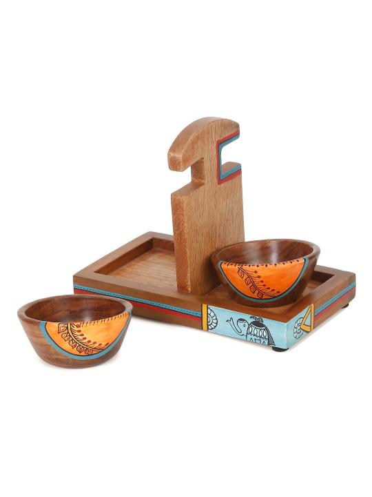 Shilpkara 'Wooden Heirloom' Serving Bowls with Tray in Sheesham Wood (Set of 2, Dark Brown)