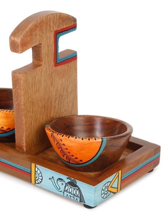 Shilpkara 'Wooden Heirloom' Serving Bowls with Tray in Sheesham Wood (Set of 2, Dark Brown)