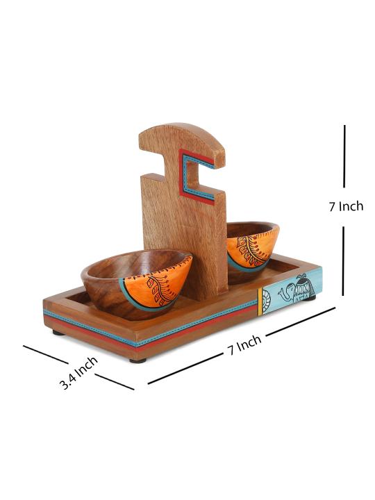 Shilpkara 'Wooden Heirloom' Serving Bowls with Tray in Sheesham Wood (Set of 2, Dark Brown)