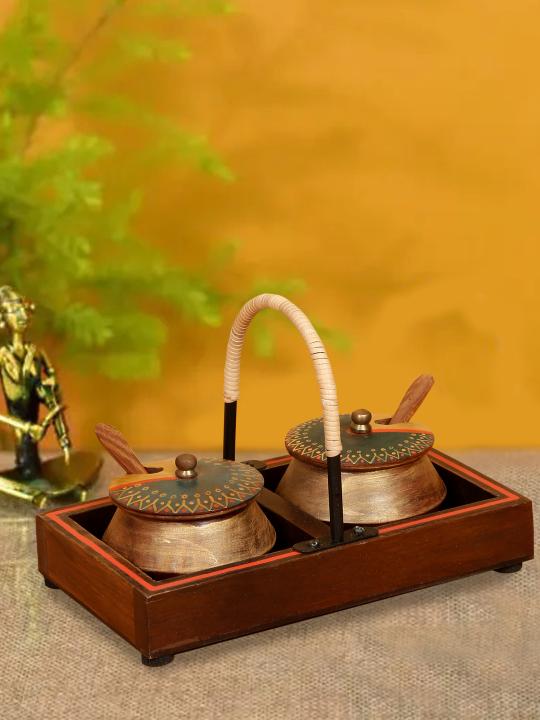 Shilpkara 'Wood Metal Fusions' Decorative Wooden Jars Condiment Mukhwas Container Kitchen Storage Boxes Mukhwas Tray Set & Supari Saunf Container Set Refreshment Jars with Tray & Spoon