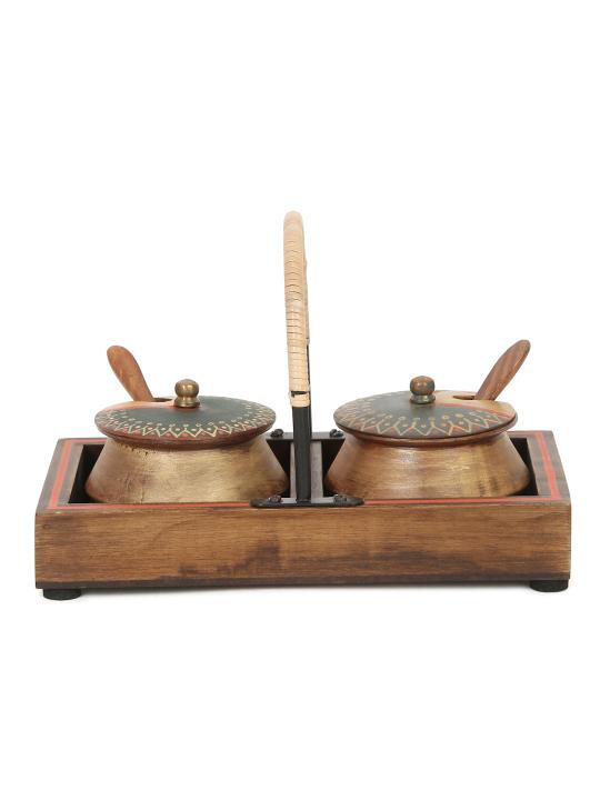 Shilpkara 'Wood Metal Fusions' Decorative Wooden Jars Condiment Mukhwas Container Kitchen Storage Boxes Mukhwas Tray Set & Supari Saunf Container Set Refreshment Jars with Tray & Spoon