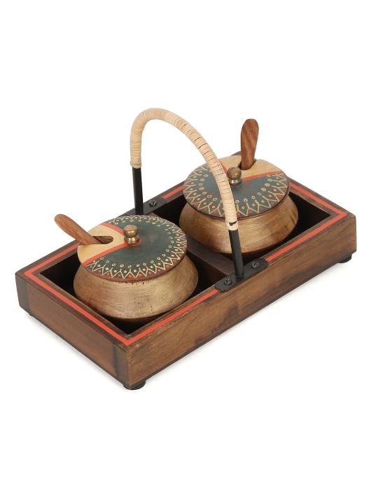 Shilpkara 'Wood Metal Fusions' Decorative Wooden Jars Condiment Mukhwas Container Kitchen Storage Boxes Mukhwas Tray Set & Supari Saunf Container Set Refreshment Jars with Tray & Spoon