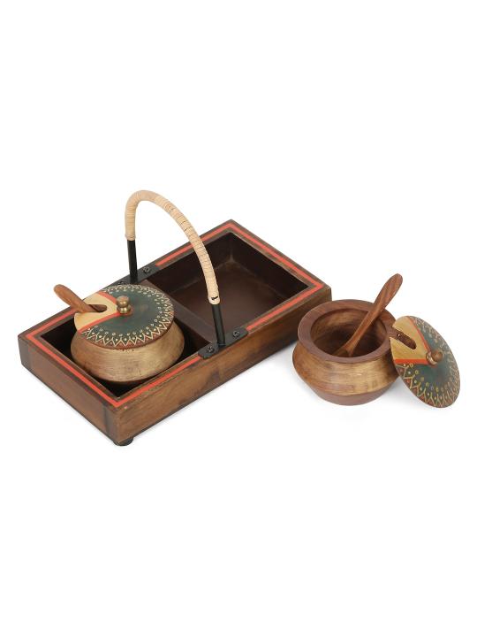 Shilpkara 'Wood Metal Fusions' Decorative Wooden Jars Condiment Mukhwas Container Kitchen Storage Boxes Mukhwas Tray Set & Supari Saunf Container Set Refreshment Jars with Tray & Spoon