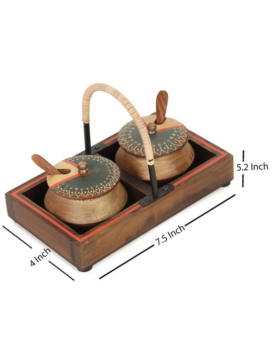 Shilpkara 'Wood Metal Fusions' Decorative Wooden Jars Condiment Mukhwas Container Kitchen Storage Boxes Mukhwas Tray Set & Supari Saunf Container Set Refreshment Jars with Tray & Spoon