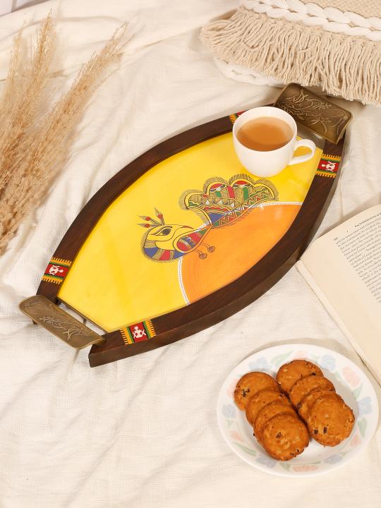 Shilpkara 'Dancing Peacock' Handpainted Kitchen Decorative Table Top Breakfast Coffee Tea Trays Serving Trays for Snacks Decorative Wooden Tray with Metal Handles