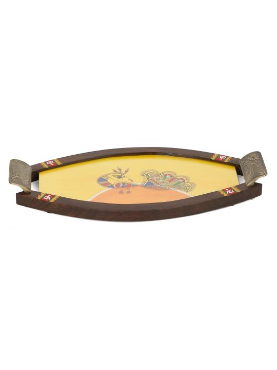 Shilpkara 'Dancing Peacock' Handpainted Kitchen Decorative Table Top Breakfast Coffee Tea Trays Serving Trays for Snacks Decorative Wooden Tray with Metal Handles