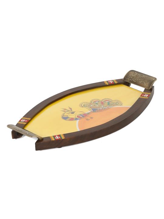 Shilpkara 'Dancing Peacock' Handpainted Kitchen Decorative Table Top Breakfast Coffee Tea Trays Serving Trays for Snacks Decorative Wooden Tray with Metal Handles