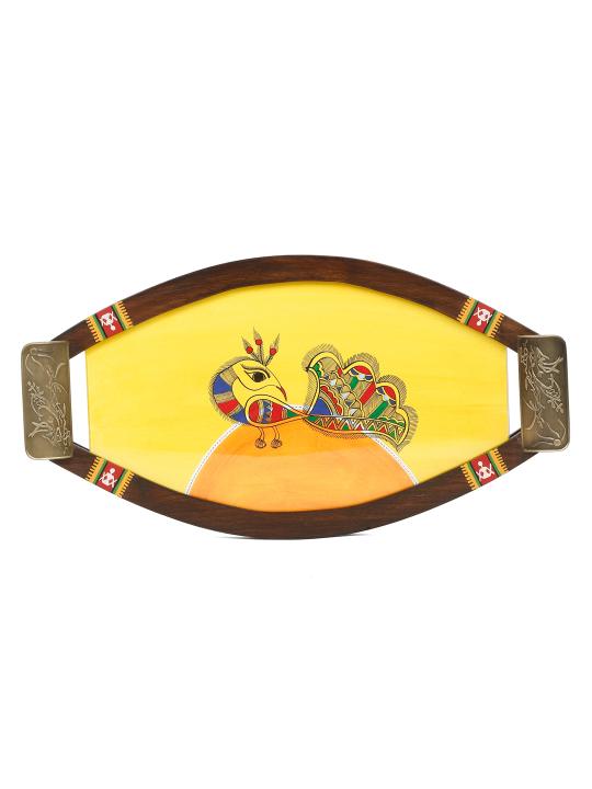 Shilpkara 'Dancing Peacock' Handpainted Kitchen Decorative Table Top Breakfast Coffee Tea Trays Serving Trays for Snacks Decorative Wooden Tray with Metal Handles