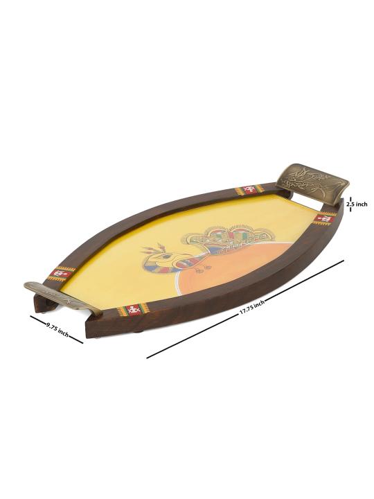 Shilpkara 'Dancing Peacock' Handpainted Kitchen Decorative Table Top Breakfast Coffee Tea Trays Serving Trays for Snacks Decorative Wooden Tray with Metal Handles