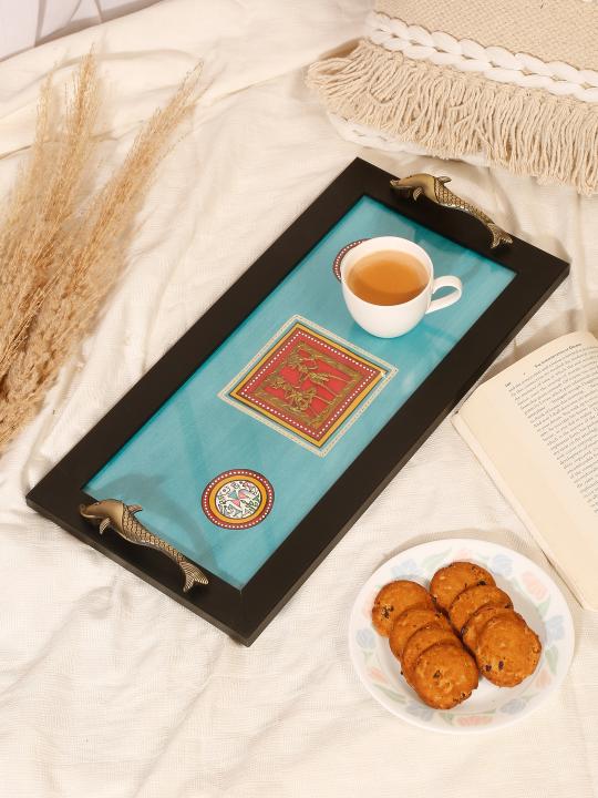 Shilpkara Warli Handpainted Kitchen Decorative Table Top Breakfast Coffee Tea Serving Trays for Snacks Wooden Tray with Fish Handles