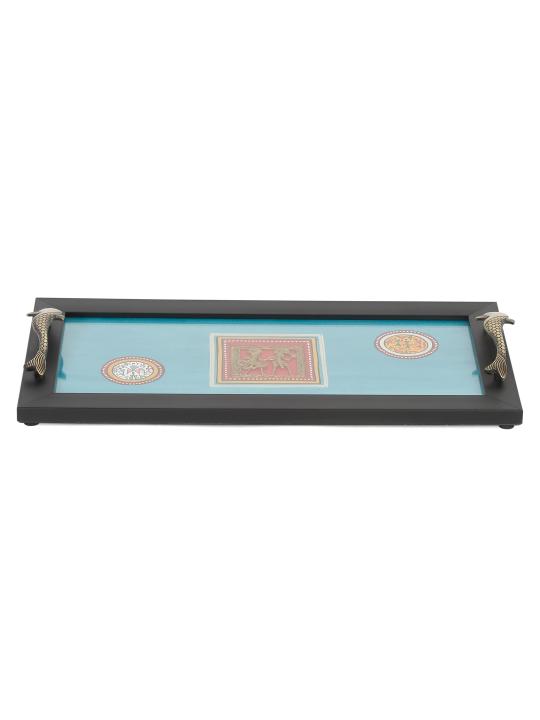 Shilpkara Warli Handpainted Kitchen Decorative Table Top Breakfast Coffee Tea Serving Trays for Snacks Wooden Tray with Fish Handles