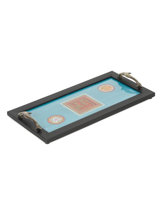 Shilpkara Warli Handpainted Kitchen Decorative Table Top Breakfast Coffee Tea Serving Trays for Snacks Wooden Tray with Fish Handles