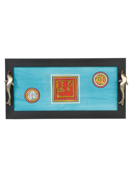 Shilpkara Warli Handpainted Kitchen Decorative Table Top Breakfast Coffee Tea Serving Trays for Snacks Wooden Tray with Fish Handles