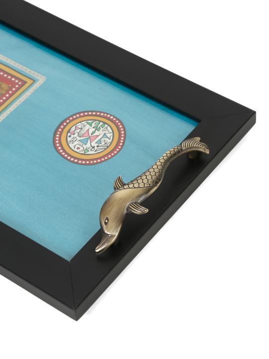 Shilpkara Warli Handpainted Kitchen Decorative Table Top Breakfast Coffee Tea Serving Trays for Snacks Wooden Tray with Fish Handles