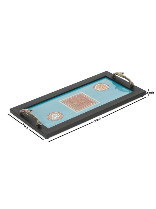 Shilpkara Warli Handpainted Kitchen Decorative Table Top Breakfast Coffee Tea Serving Trays for Snacks Wooden Tray with Fish Handles