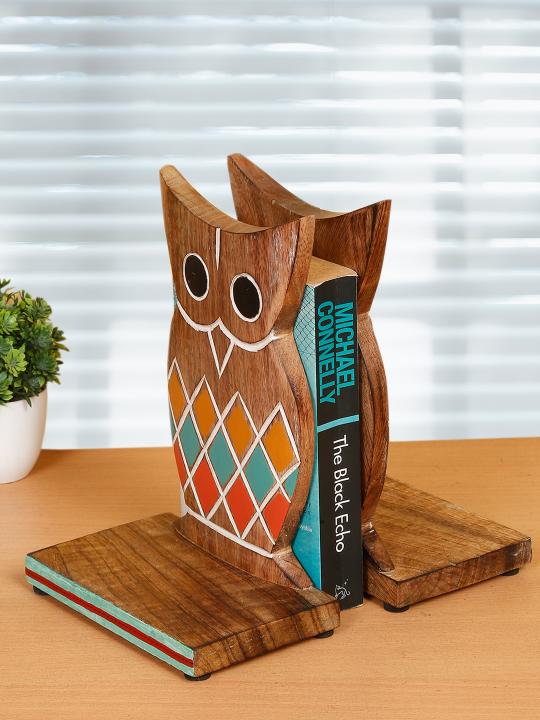 Shilpkara Wooden Owl Decor Book Holders Stand Case and Wooden Home Decorative Kids Room Office Heavy Book End Desk Organizer Book Stopper & Bookends