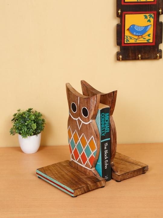 Shilpkara Wooden Owl Decor Book Holders Stand Case and Wooden Home Decorative Kids Room Office Heavy Book End Desk Organizer Book Stopper & Bookends