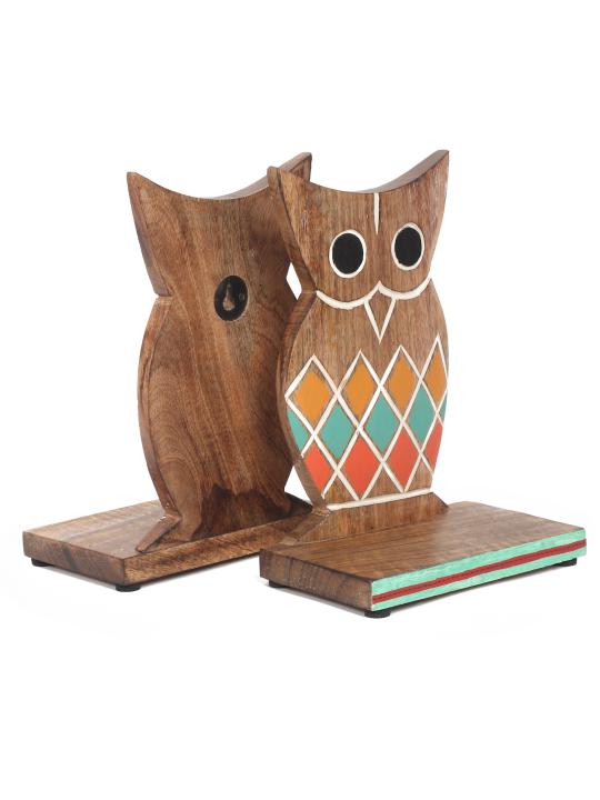 Shilpkara Wooden Owl Decor Book Holders Stand Case and Wooden Home Decorative Kids Room Office Heavy Book End Desk Organizer Book Stopper & Bookends