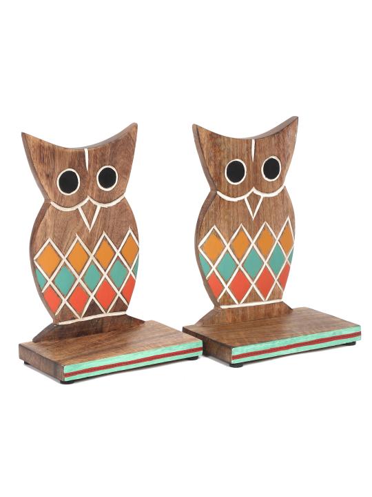 Shilpkara Wooden Owl Decor Book Holders Stand Case and Wooden Home Decorative Kids Room Office Heavy Book End Desk Organizer Book Stopper & Bookends