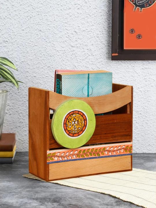 Shilpkara 'Madhubani Leaf Motifs' Handpainted Table Magazine Stand For Office Desk In Mango Wood -Magazine Holder For Living Room Study Table Wooden Newspaper Stand For Home Magazine Storage Organizer