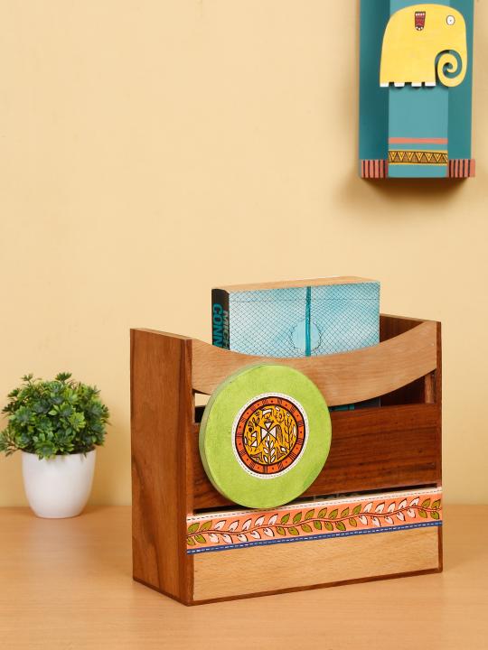 Shilpkara 'Madhubani Leaf Motifs' Handpainted Table Magazine Stand For Office Desk In Mango Wood -Magazine Holder For Living Room Study Table Wooden Newspaper Stand For Home Magazine Storage Organizer