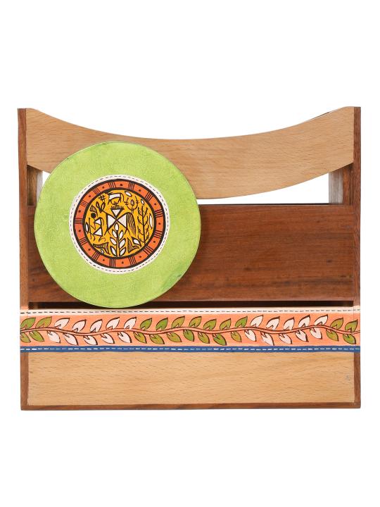 Shilpkara 'Madhubani Leaf Motifs' Handpainted Table Magazine Stand For Office Desk In Mango Wood -Magazine Holder For Living Room Study Table Wooden Newspaper Stand For Home Magazine Storage Organizer
