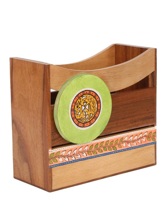 Shilpkara 'Madhubani Leaf Motifs' Handpainted Table Magazine Stand For Office Desk In Mango Wood -Magazine Holder For Living Room Study Table Wooden Newspaper Stand For Home Magazine Storage Organizer