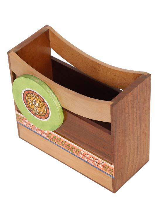 Shilpkara 'Madhubani Leaf Motifs' Handpainted Table Magazine Stand For Office Desk In Mango Wood -Magazine Holder For Living Room Study Table Wooden Newspaper Stand For Home Magazine Storage Organizer