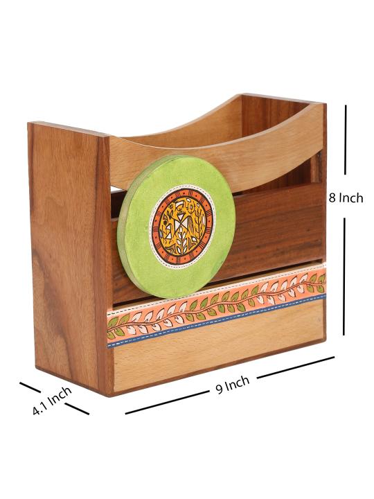 Shilpkara 'Madhubani Leaf Motifs' Handpainted Table Magazine Stand For Office Desk In Mango Wood -Magazine Holder For Living Room Study Table Wooden Newspaper Stand For Home Magazine Storage Organizer
