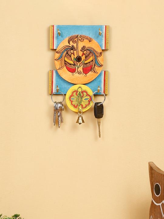 Shilpkara 'Madhubani Bird' Handpainted Wooden Key Holder for Wall (4 Hooks) - Key Stand Keychain Holder for Home Key Hanger Wall Hooks for Hanging Home Decor Key Chain Hanger