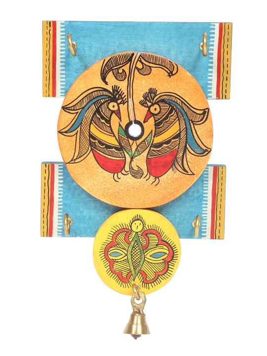 Shilpkara 'Madhubani Bird' Handpainted Wooden Key Holder for Wall (4 Hooks) - Key Stand Keychain Holder for Home Key Hanger Wall Hooks for Hanging Home Decor Key Chain Hanger