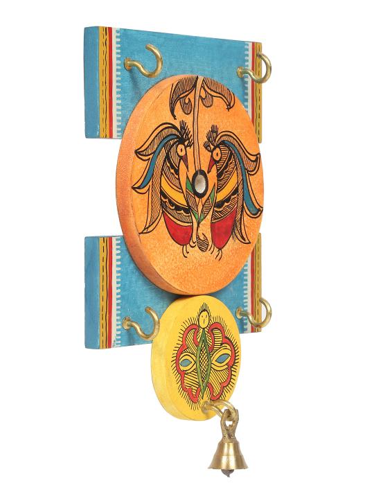 Shilpkara 'Madhubani Bird' Handpainted Wooden Key Holder for Wall (4 Hooks) - Key Stand Keychain Holder for Home Key Hanger Wall Hooks for Hanging Home Decor Key Chain Hanger
