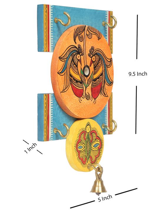 Shilpkara 'Madhubani Bird' Handpainted Wooden Key Holder for Wall (4 Hooks) - Key Stand Keychain Holder for Home Key Hanger Wall Hooks for Hanging Home Decor Key Chain Hanger