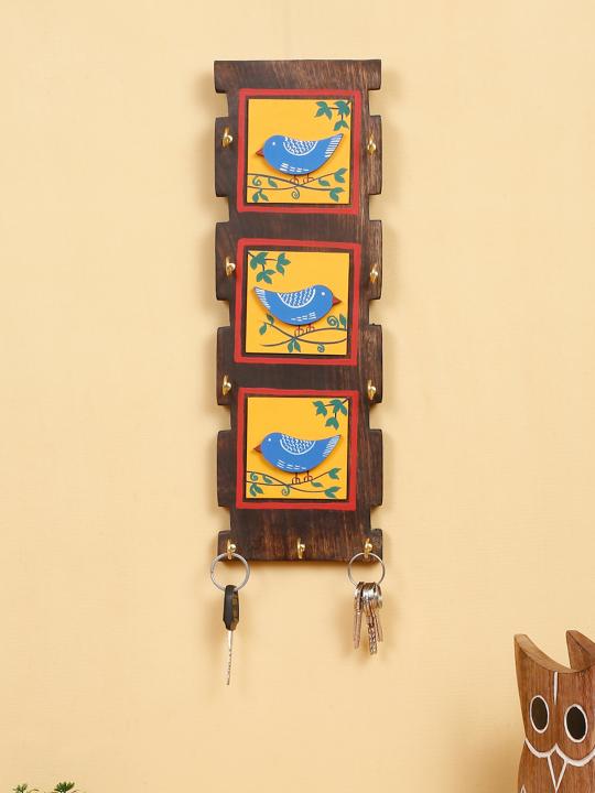 Shilpkara 'Love Birds' Handpainted Wooden Key Holder for Wall (9 Hooks) - Key Stand Keychain Holder for Home Key Hanger Wall Hooks for Hanging Home Decor Key Chain Hanger