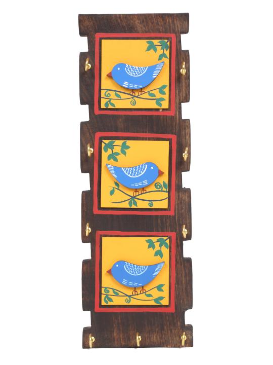 Shilpkara 'Love Birds' Handpainted Wooden Key Holder for Wall (9 Hooks) - Key Stand Keychain Holder for Home Key Hanger Wall Hooks for Hanging Home Decor Key Chain Hanger