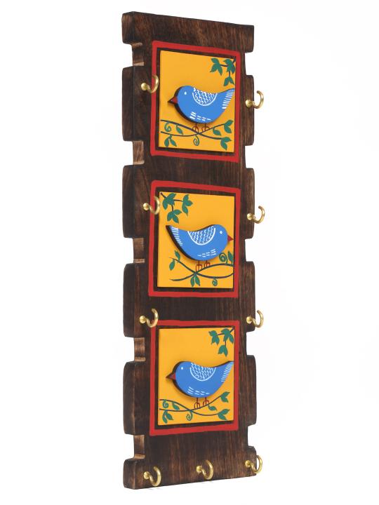 Shilpkara 'Love Birds' Handpainted Wooden Key Holder for Wall (9 Hooks) - Key Stand Keychain Holder for Home Key Hanger Wall Hooks for Hanging Home Decor Key Chain Hanger