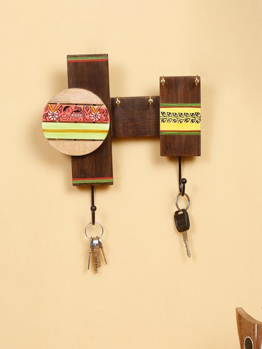 Shilpkara 'Tribal Arts' Handpainted Wooden Key Holder for Wall in Mango Wood (6 Hooks) - Key Stand Keychain Holder for Home Key Hanger Wall Hooks for Hanging Home Decor Key Chain Hanger