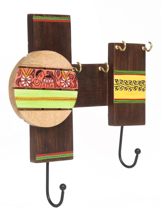 Shilpkara 'Tribal Arts' Handpainted Wooden Key Holder for Wall in Mango Wood (6 Hooks) - Key Stand Keychain Holder for Home Key Hanger Wall Hooks for Hanging Home Decor Key Chain Hanger