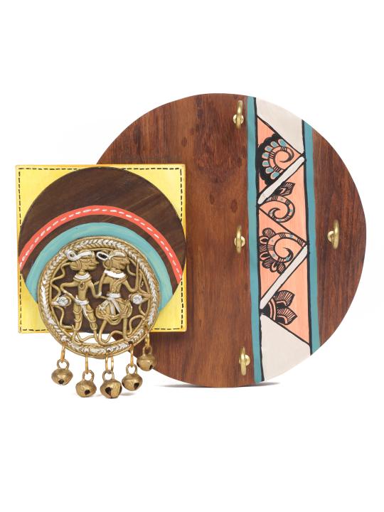 Shilpkara 'Tribal Dhokra Folks' Madhubani Handpainted Wooden Key Holder for Wall (4 Hooks) - Key Stand Keychain Holder for Home Key Hanger Wall Hooks for Hanging Home Decor Key Chain Hanger