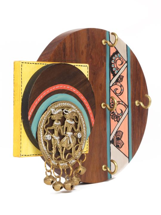 Shilpkara 'Tribal Dhokra Folks' Madhubani Handpainted Wooden Key Holder for Wall (4 Hooks) - Key Stand Keychain Holder for Home Key Hanger Wall Hooks for Hanging Home Decor Key Chain Hanger