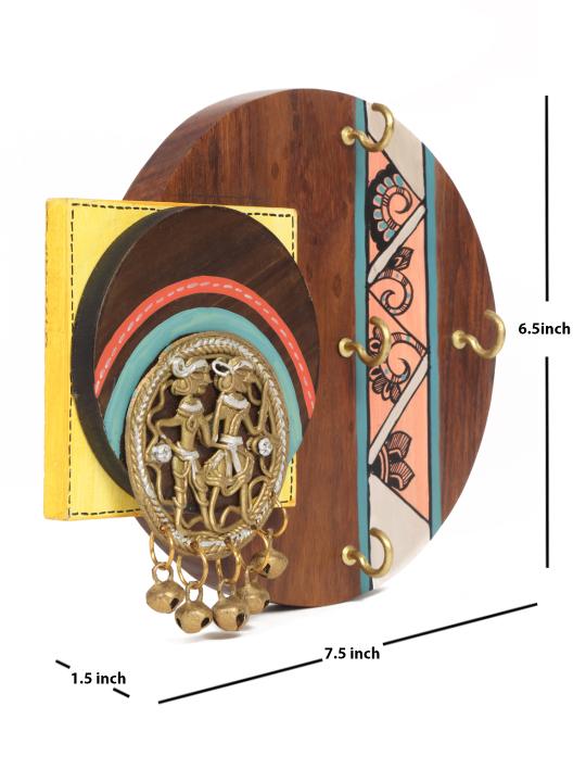 Shilpkara 'Tribal Dhokra Folks' Madhubani Handpainted Wooden Key Holder for Wall (4 Hooks) - Key Stand Keychain Holder for Home Key Hanger Wall Hooks for Hanging Home Decor Key Chain Hanger