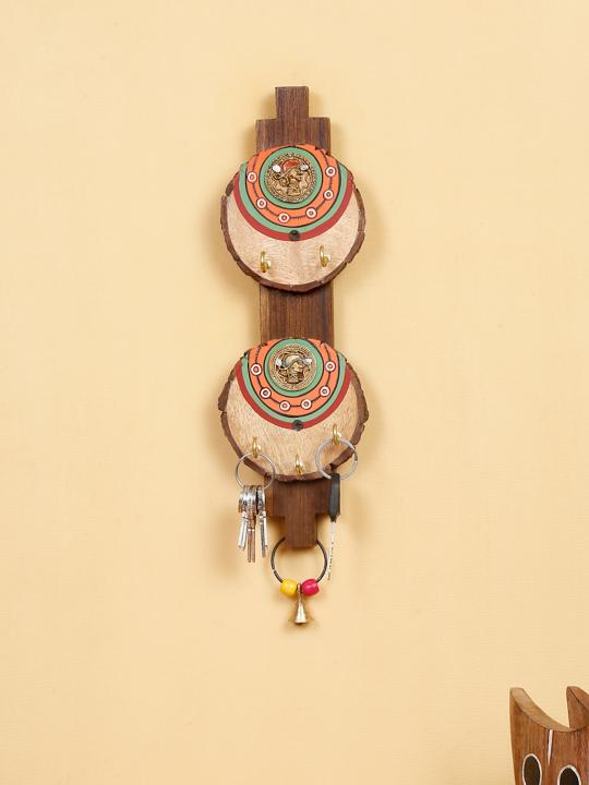 Shilpkara 'Dhokra Motifs' Handpainted Wooden Key Holder for Wall (6 Hooks) - Key Stand Keychain Holder for Home Key Hanger Wall Hooks for Hanging Home Decor Key Chain Hanger