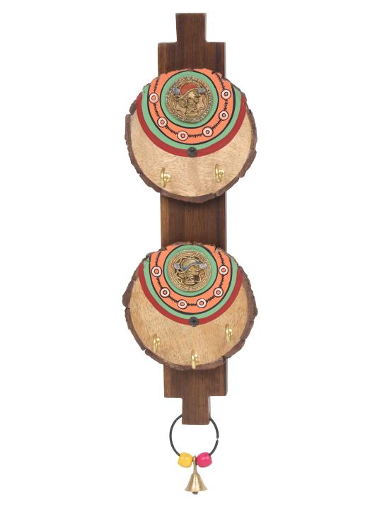 Shilpkara 'Dhokra Motifs' Handpainted Wooden Key Holder for Wall (6 Hooks) - Key Stand Keychain Holder for Home Key Hanger Wall Hooks for Hanging Home Decor Key Chain Hanger