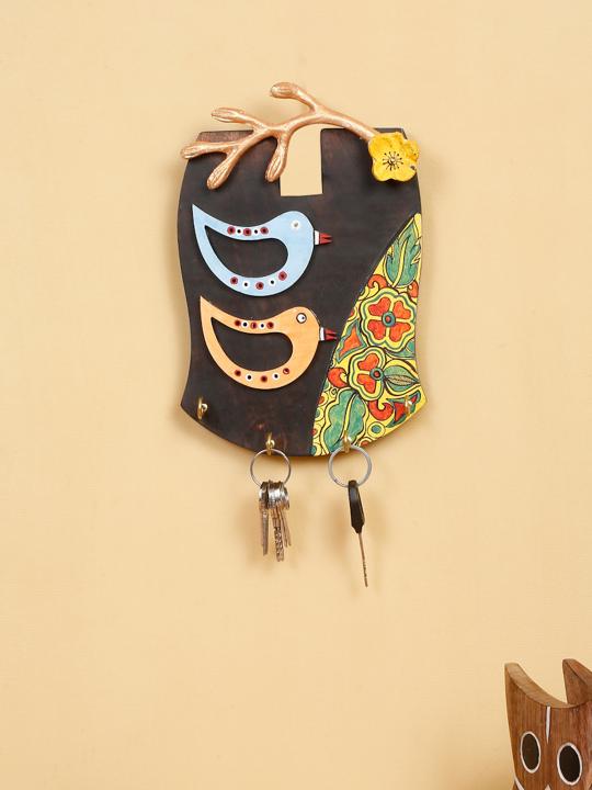 Shilpkara 'Tribal Bird' Handpainted Wooden Key Holder for Wall (4 Hooks) - Key Stand Keychain Holder for Home Key Hanger Wall Hooks for Hanging Home Decor Key Chain Hanger