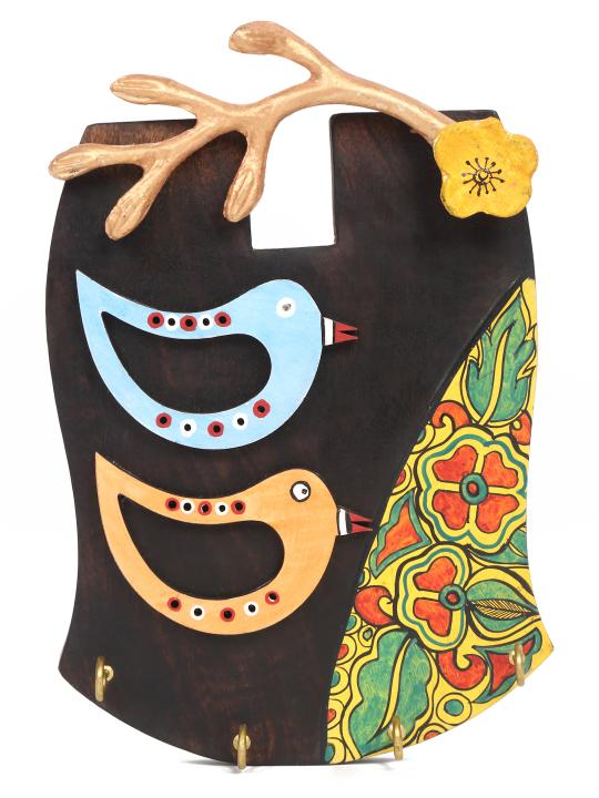 Shilpkara 'Tribal Bird' Handpainted Wooden Key Holder for Wall (4 Hooks) - Key Stand Keychain Holder for Home Key Hanger Wall Hooks for Hanging Home Decor Key Chain Hanger