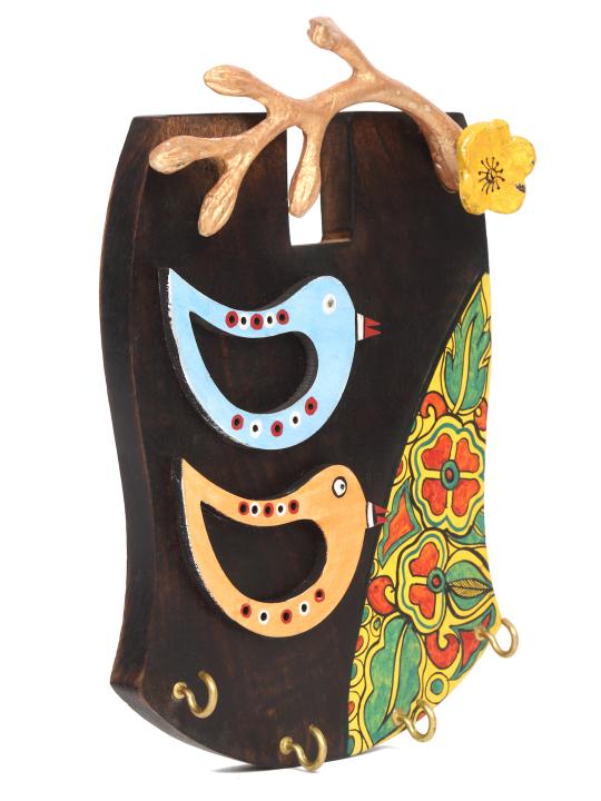 Shilpkara 'Tribal Bird' Handpainted Wooden Key Holder for Wall (4 Hooks) - Key Stand Keychain Holder for Home Key Hanger Wall Hooks for Hanging Home Decor Key Chain Hanger