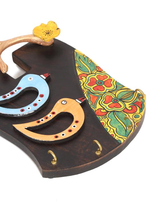 Shilpkara 'Tribal Bird' Handpainted Wooden Key Holder for Wall (4 Hooks) - Key Stand Keychain Holder for Home Key Hanger Wall Hooks for Hanging Home Decor Key Chain Hanger