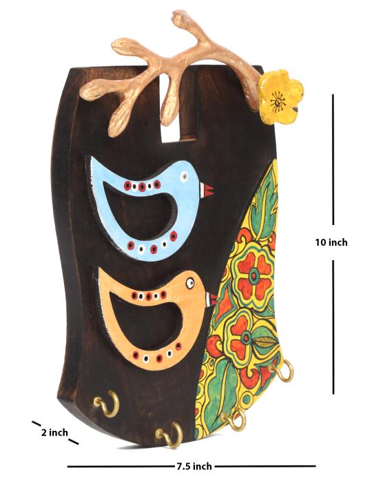 Shilpkara 'Tribal Bird' Handpainted Wooden Key Holder for Wall (4 Hooks) - Key Stand Keychain Holder for Home Key Hanger Wall Hooks for Hanging Home Decor Key Chain Hanger