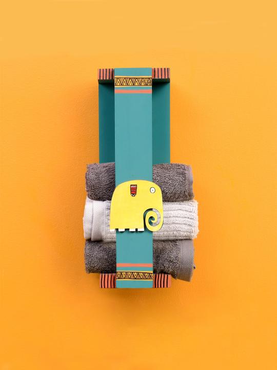 Shilpkara 'Happy Elephant' Handcrafted Wall Mounted Wooden Towel Rack Holder - Kitchen Towel Holder for Kitchen Face & Hand Towel Stand Hangers Bathroom Towel Ring for Wash Basin Bedroom Wall DÃ©cor